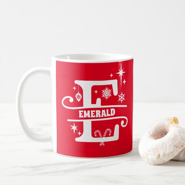 Letter E Christmas Monogram Initial Name Red  Coffee Mug (With Donut)
