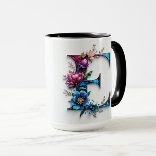 Letter E Coffee Mug – Floral Design for Gifting (Front Right)