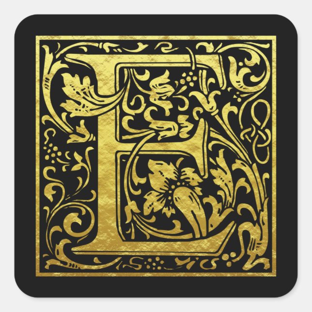 Letter E First Letter Faux Gold Black Square Sticker (Front)