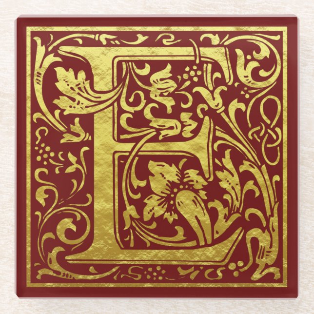 Letter E First Letter Faux Gold Red Glass Coaster (Front)