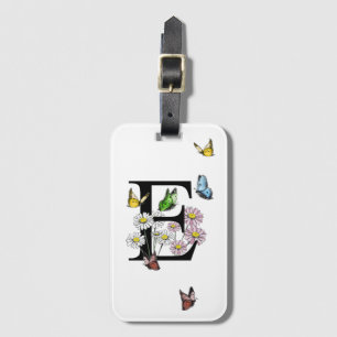 Letter E Floral Butterfly Monogram Initial   Luggage Tag