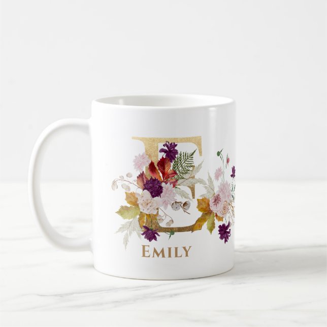 Letter E - Gold Floral Name sister coworker friend Coffee Mug (Left)