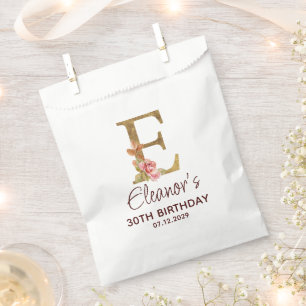 Letter E Gold Monogram Blush Pink Roses Favour Bags