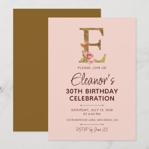Letter E Gold Monogram Blush Pink Roses Invitation