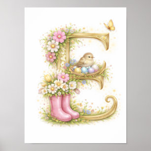 Letter E Gold Spring Nature Monogram Bird and Boot Poster