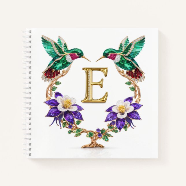 Letter E Jeweled Hummingbird Personalized Wedding  Notebook (Front)