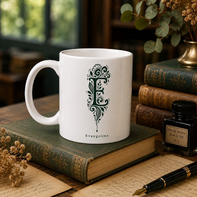 Letter E Linocut Botanical Personalised Mug (Creator Uploaded)
