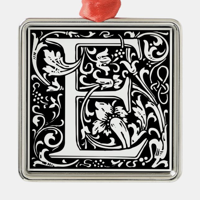 Letter E Mediaeval Monogram Art Nouveau Metal Tree Decoration (Front)