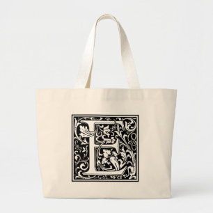 Letter E Mediaeval Monogram Vintage Large Initial Tote Bag