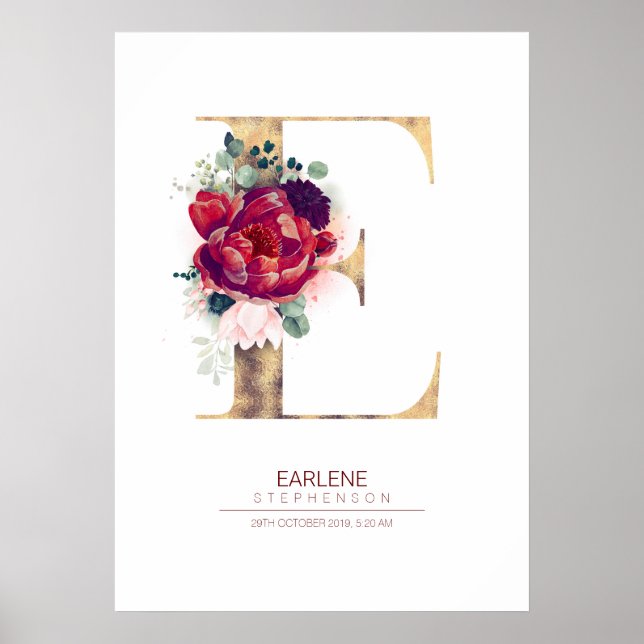 Letter E Monogram Floral Burgundy Red and Gold Poster (Front)