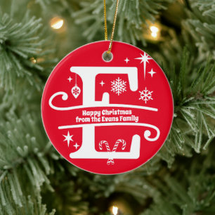 Letter E Monogram Initial Family Name Greeting Ceramic Tree Decoration