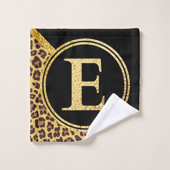 Letter E Monogram Leopard Print Gold and Black Wash Cloth (Wash Cloth)