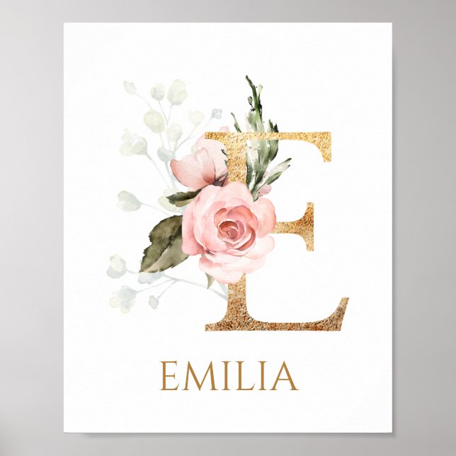 Letter E Monogram pink rose Nursery Poster (Front)