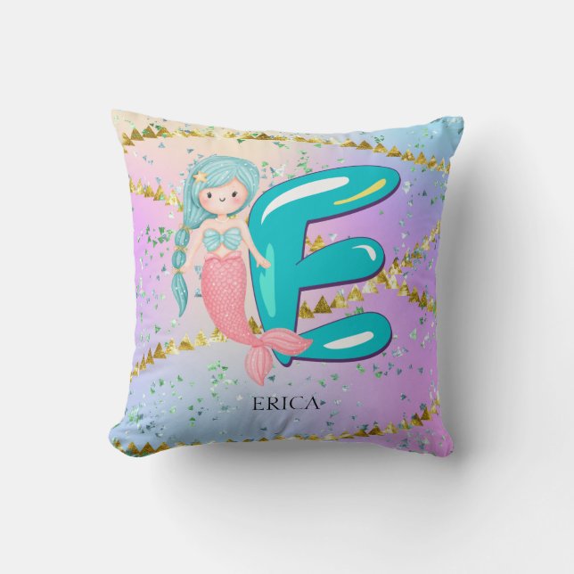Letter E Monogram Watercolor Cute Mermaid Nursery Cushion (Front)