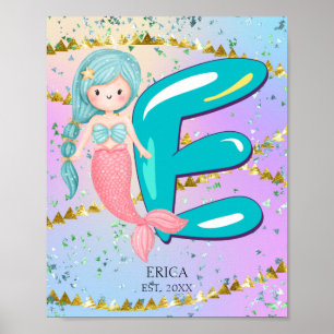 Letter E Monogram Watercolor Cute Mermaid Nursery Poster