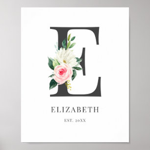 Letter E Monogram Watercolor Florals Poster