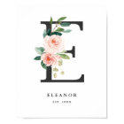Letter E Monogram Watercolor Peach Florals Nursery