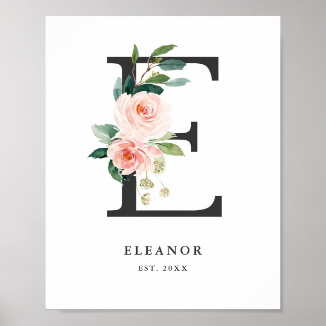 Letter E Monogram Watercolor Peach Florals Nursery Poster (Front)