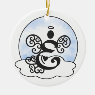 Letter E Monogram with angel and clouds. Ceramic Tree Decoration