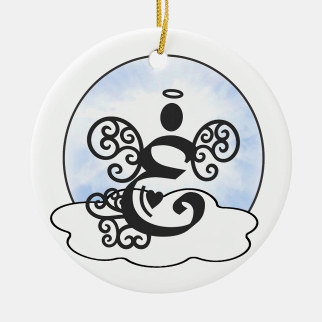 Letter E Monogram with angel and clouds. Ceramic Tree Decoration (Front)