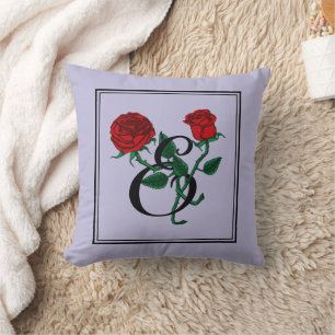 Letter E Monogram with Red Roses Purple Cushion