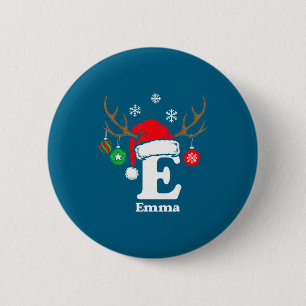 Letter E Name Initial Emma With Santa Hat Reindeer 6 Cm Round Badge