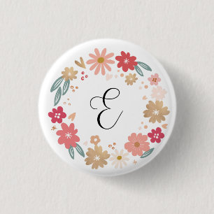 Letter E   Whimsical Floral Letter Monogram 3 Cm Round Badge