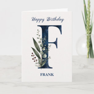 Letter F Birthday for Him Personalised Name Blue Card