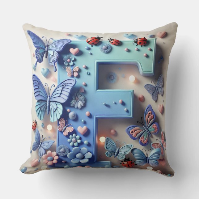 🦋 Letter F Butterfly Ladybug Monogram  🌸 Cushion (Front)