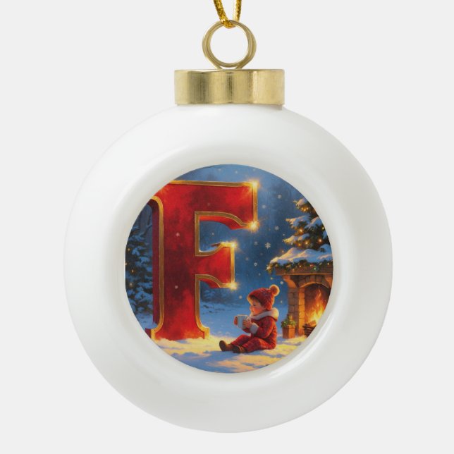 Letter F Christmas Fireplace Personalized Initial Ceramic Ball Christmas Ornament (Front)