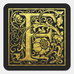 Letter F First Letter Faux Gold Black Square Sticker
