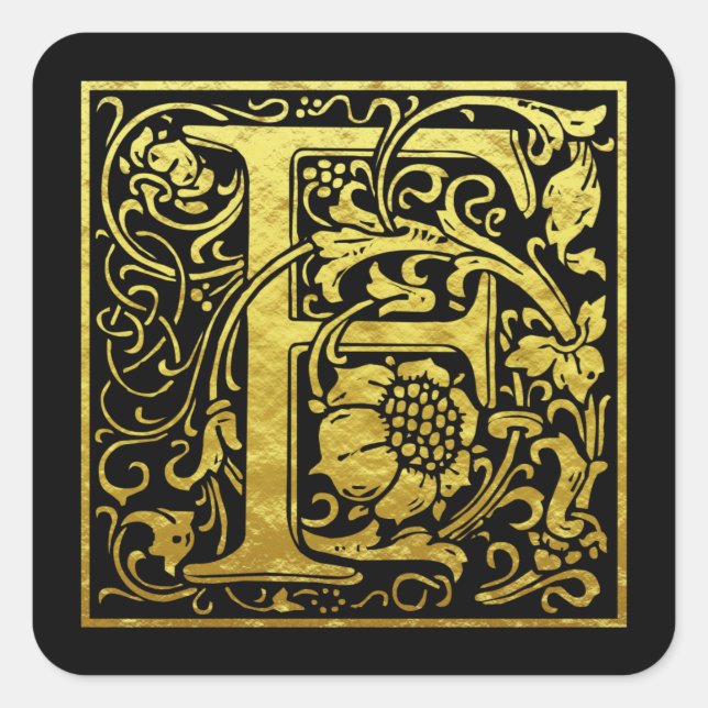 Letter F First Letter Faux Gold Black Square Sticker (Front)