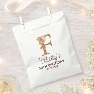 Letter F Gold Monogram Blush Pink Roses Favour Bags