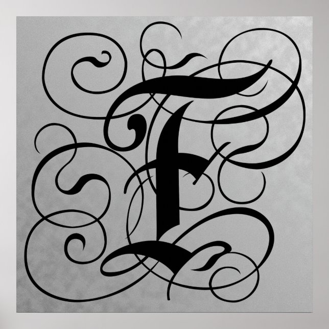 Letter F, Gothic Monogram Black Poster (Front)
