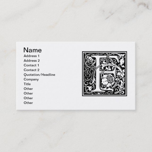 Letter F Mediaeval Monogram Art Nouveau Business Card (Front)