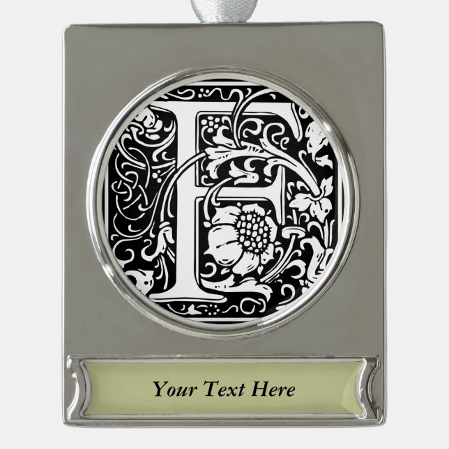 Letter F Mediaeval Monogram Art Nouveau Silver Plated Banner Ornament (Front)