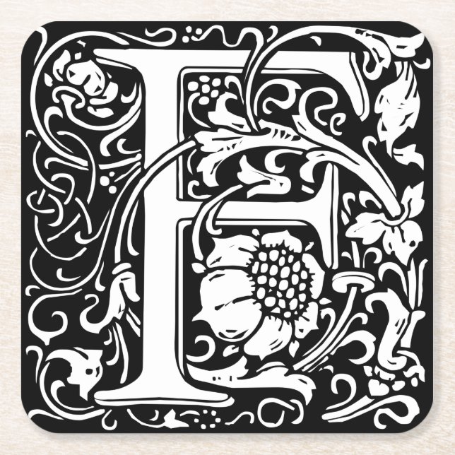 Letter F Mediaeval Monogram Art Nouveau Square Paper Coaster (Front)