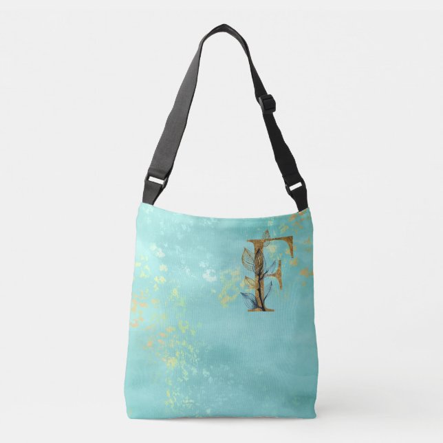 *~* LETTER F -Monogram Gold Glitter Turquoise Blue Crossbody Bag (Front)