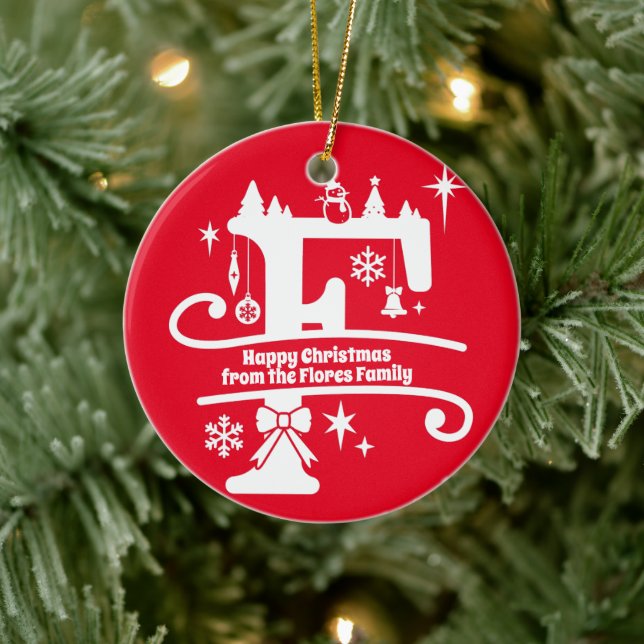 Letter F Monogram Initial Family Name Greeting Ceramic Tree Decoration (Tree)