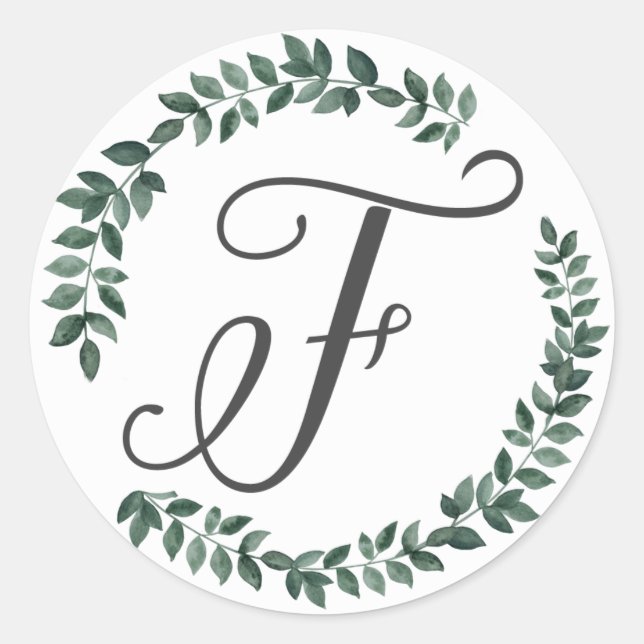 Letter F Monogram Minimalist Botanical Leaf Wreath Classic Round Sticker (Front)