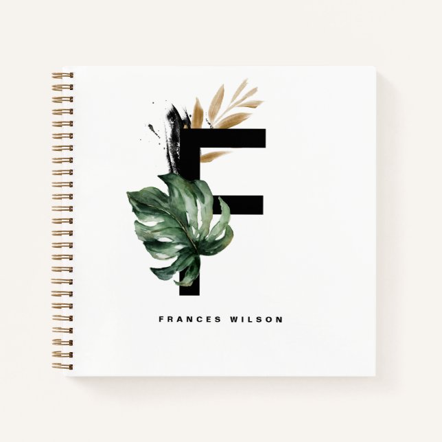  Letter F Monogram | Tropical Leaves Personalised Notebook (Front)