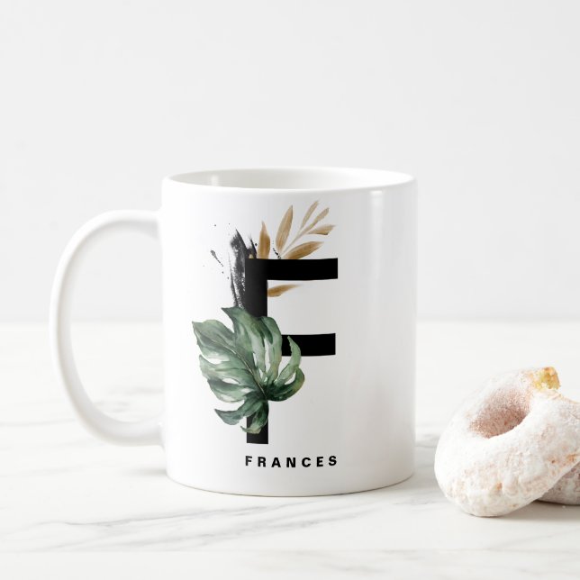 Letter F Monogram | Tropical Monstera Personalised Coffee Mug (With Donut)