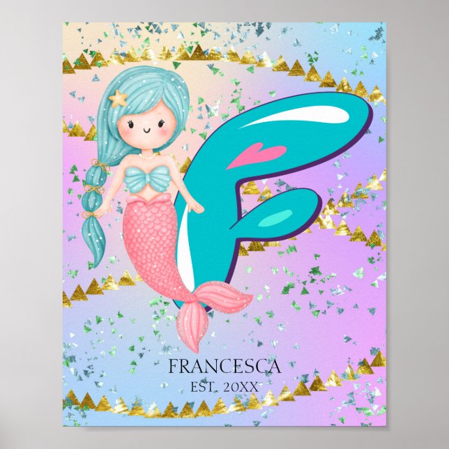 Letter F Monogram Watercolor Cute Mermaid Nursery Poster (Front)