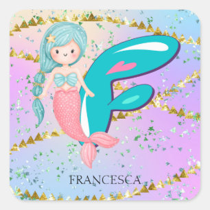 Letter F Monogram Watercolor Cute Mermaid Nursery Square Sticker