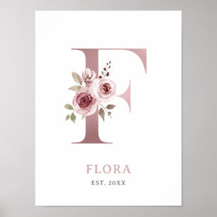 Letter F Monogram Watercolor Rose Florals Nursery  Poster