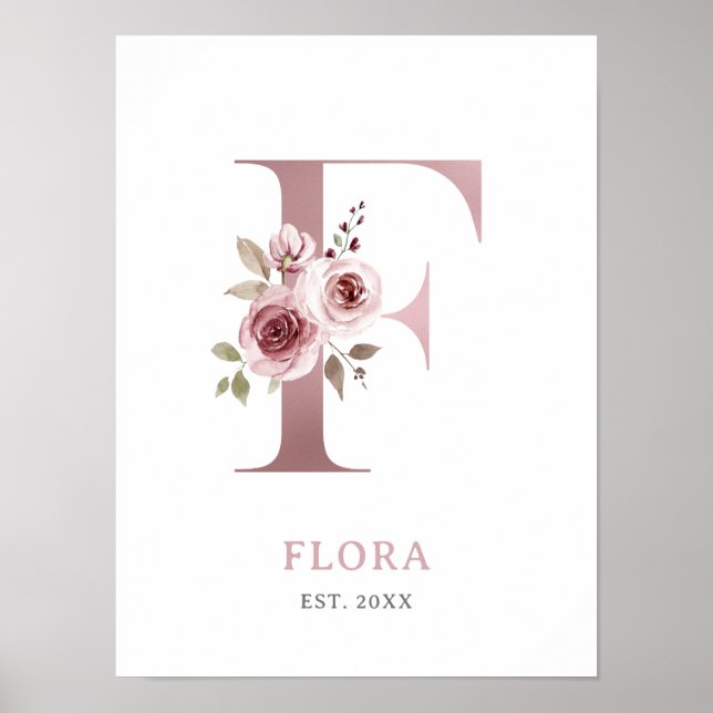 Letter F Monogram Watercolor Rose Florals Nursery  Poster (Front)