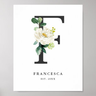 Letter F Monogram White Peonies Nursery Poster