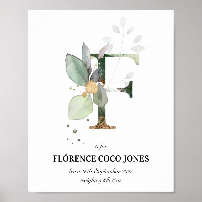 Letter F New Baby Monogram Birth Print Greenery (Front)