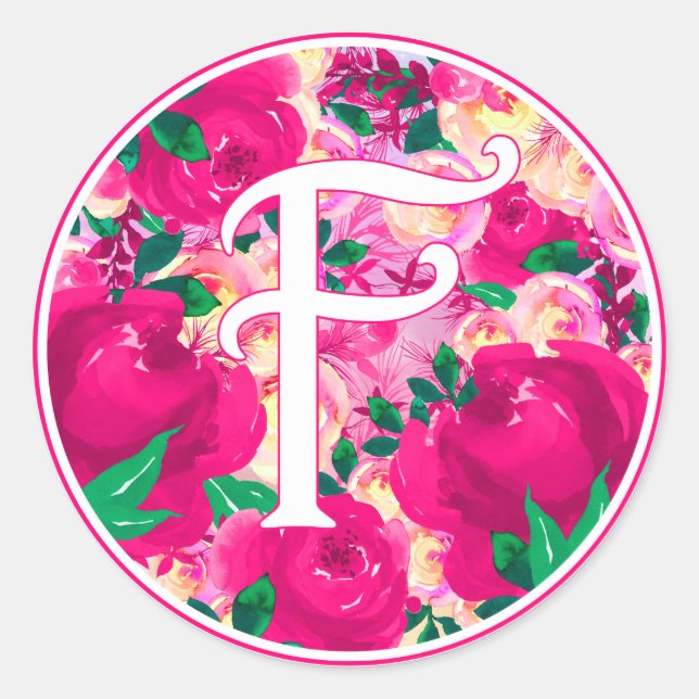 Letter F Pink Watercolor Floral Circle Monogram Classic Round Sticker (Front)