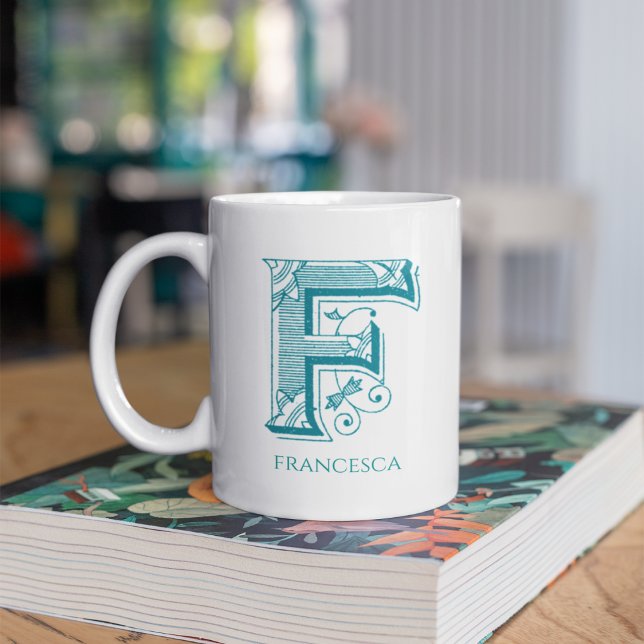 Letter F Teal Monogram Modern Name  Coffee Mug (Creator Uploaded)